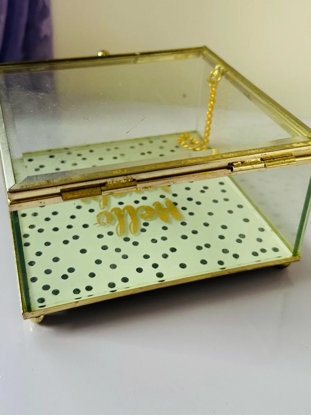 Glass Jewelry Box - Gold Frame with Polka Dot Base
